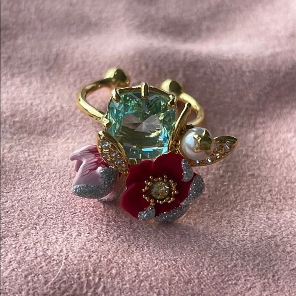 Les Néréides Red Floral Gold Ring Crystal Enamel - Picture 2 of 4
